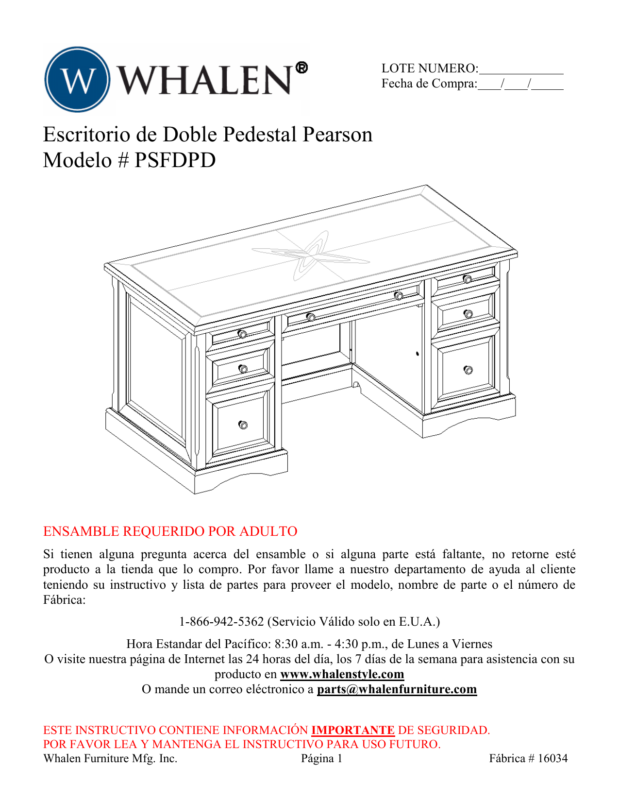 Whalen PSFDPD Pearson Double Pedestal Desk Manual de usuario | Manualzz