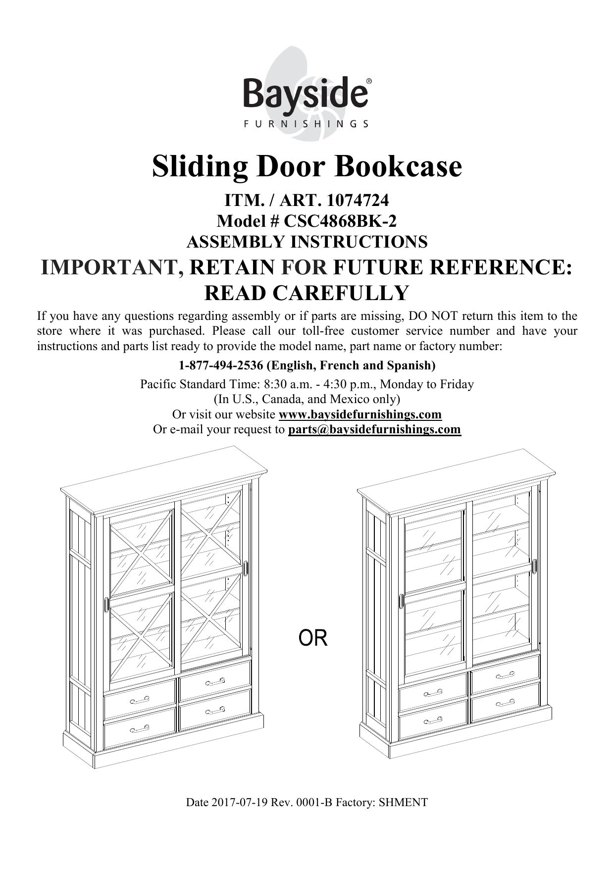 Sliding Door Bookcase User Manual, Bayside Furnishings Sliding Door Bookcase