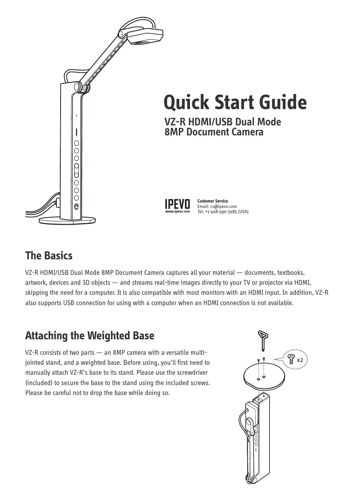 Ipevo Vz R Hdmi Usb Dual Mode 8mp Document Camera Quick Start Guide Manualzz