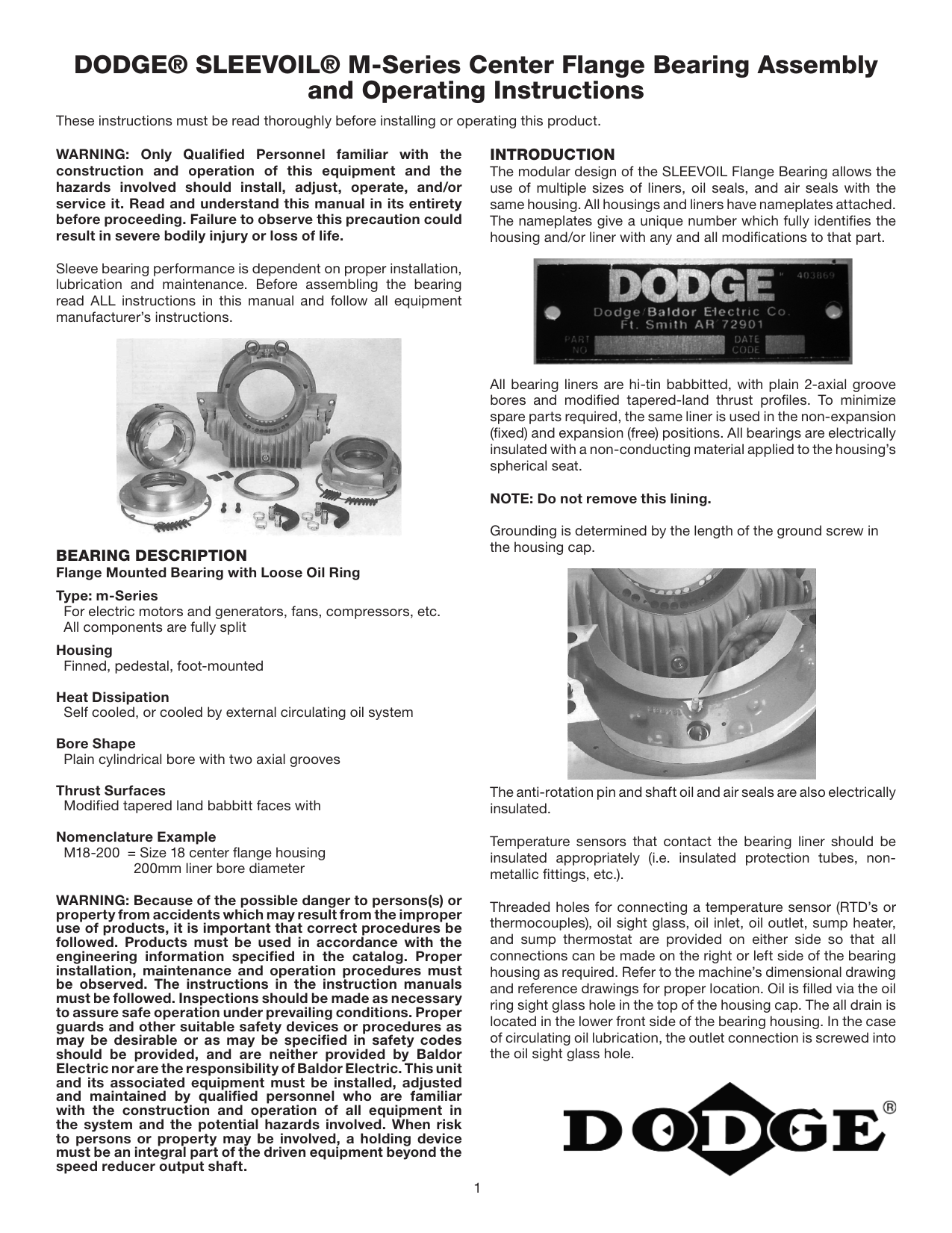 Dodge Sleeveoil MSeries Center Flange Bearing Owner's Manual Manualzz