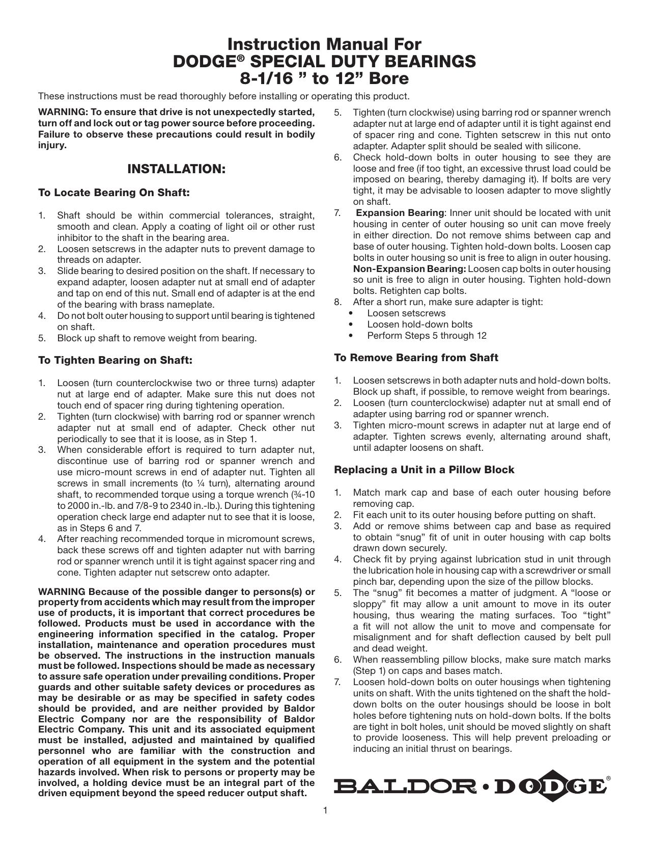 Dodge Special Duty Bearings 8-1/16” to 12” Bore Owner's Manual | Manualzz