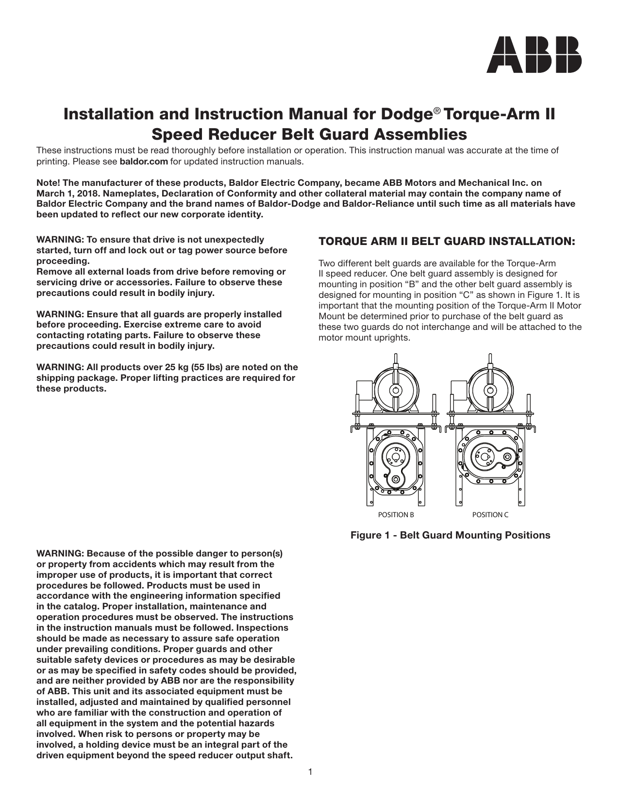 Dodge Torque Arm II Speed Reducer Belt Guard Assemblies Owner's manual