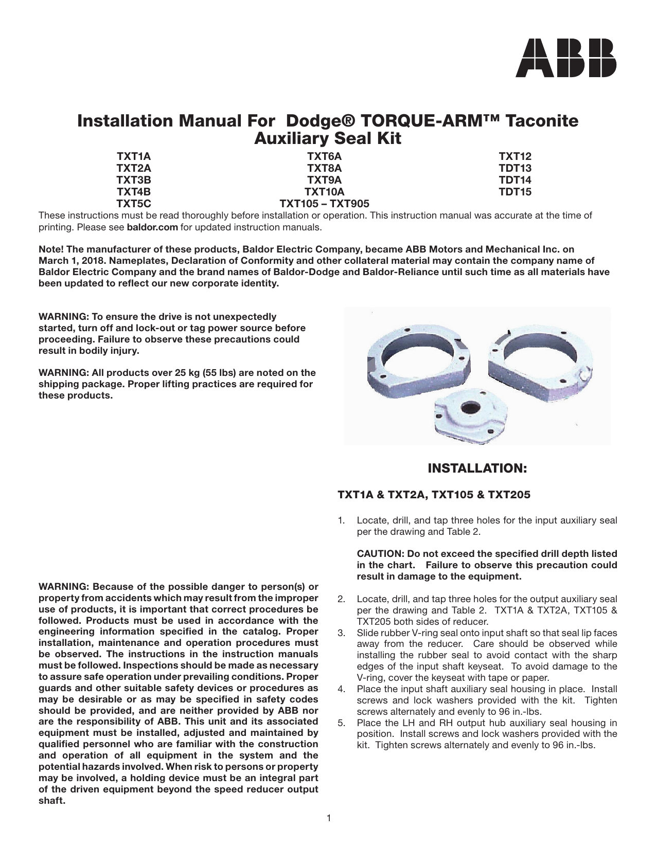 Dodge TorqueArm Taconite Auxiliary Seal Kit Owner's manual Manualzz