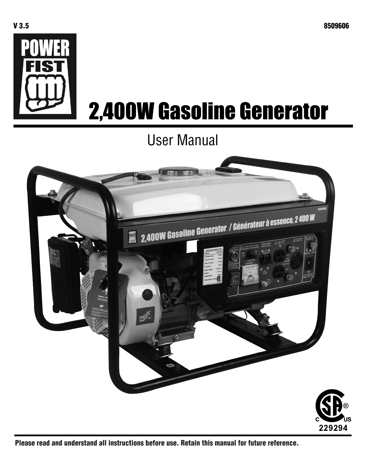 Power Fist 8509606 2,400W Gasoline Generator Le manuel du propriétaire