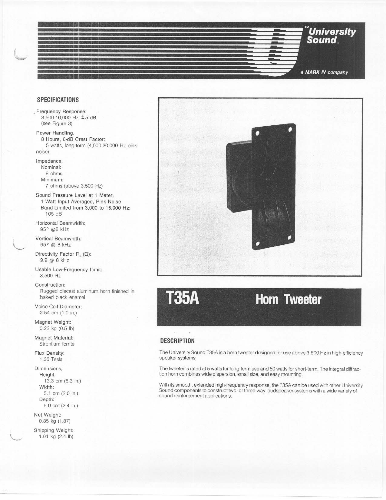 Electro Voice T35a Datasheet Manualzz