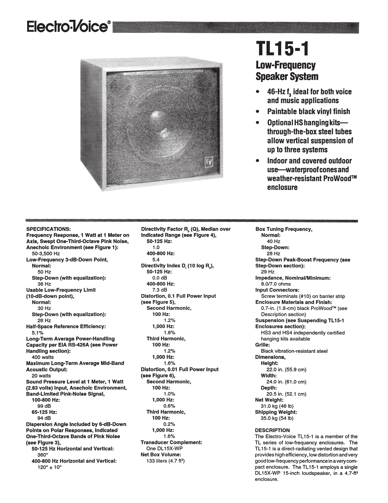 Electro-Voice TL15-1 Data Sheet | Manualzz