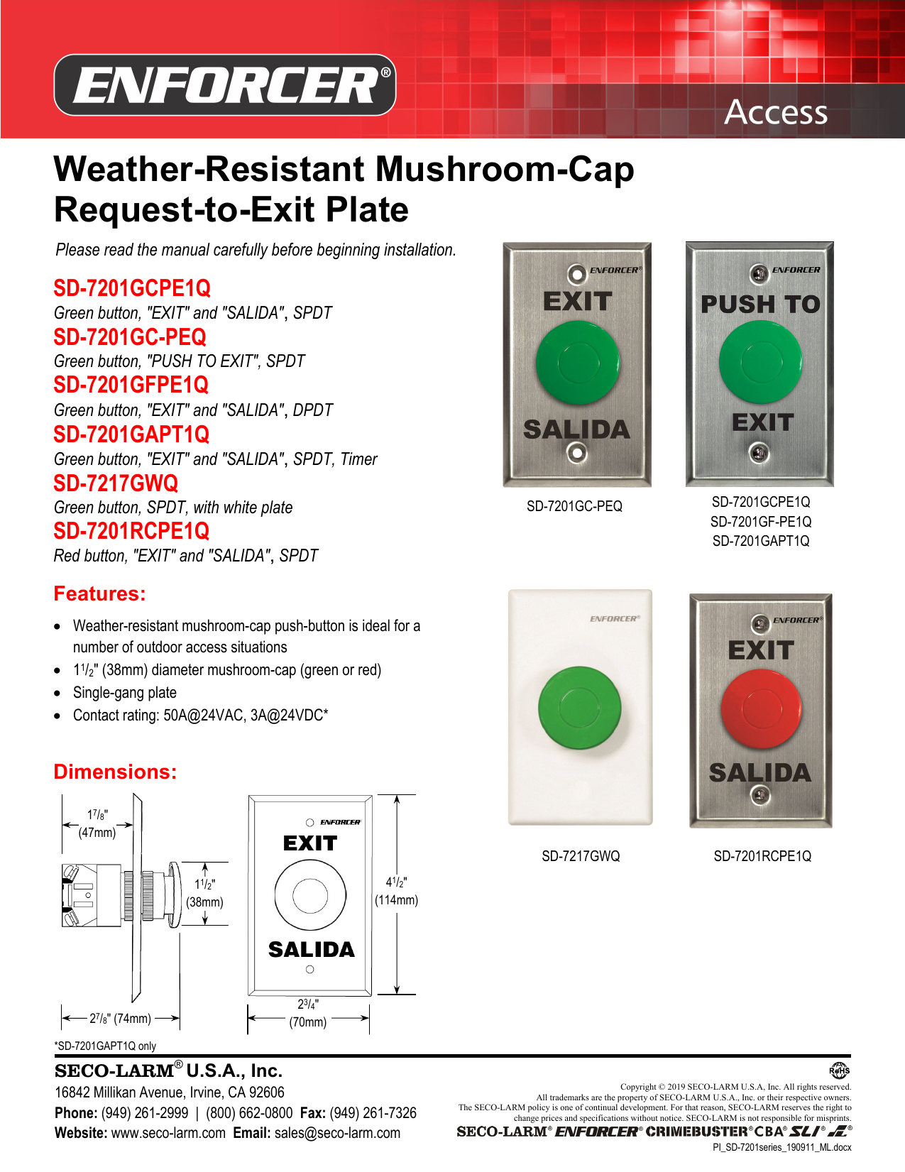 White Seco-Larm Enforcer Green Mushroom Button Push-to-Exit Plate SD-7217GWQ 