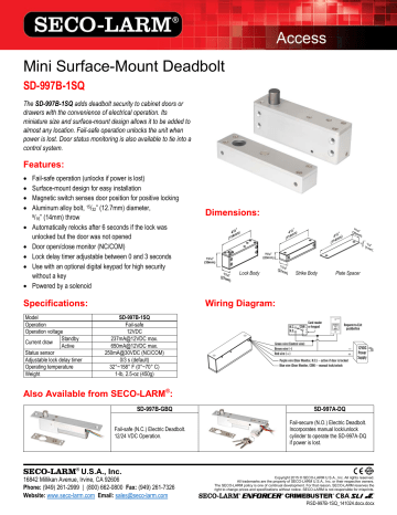 Seco-Larm SD-997B-GBQ Fail-safe Electric Deadbolt; Adds Security to Doors 