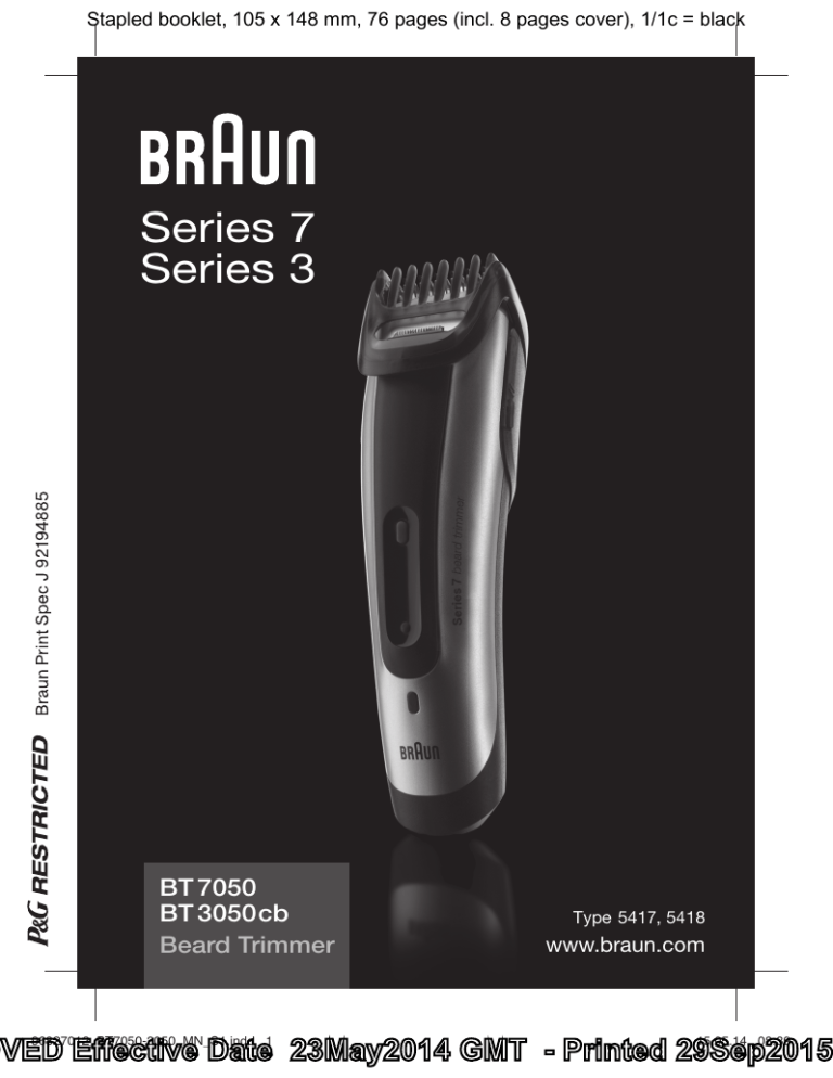 Braun BT7050, BT3050cb, Beard trimmer, Series 7 User manual | Manualzz