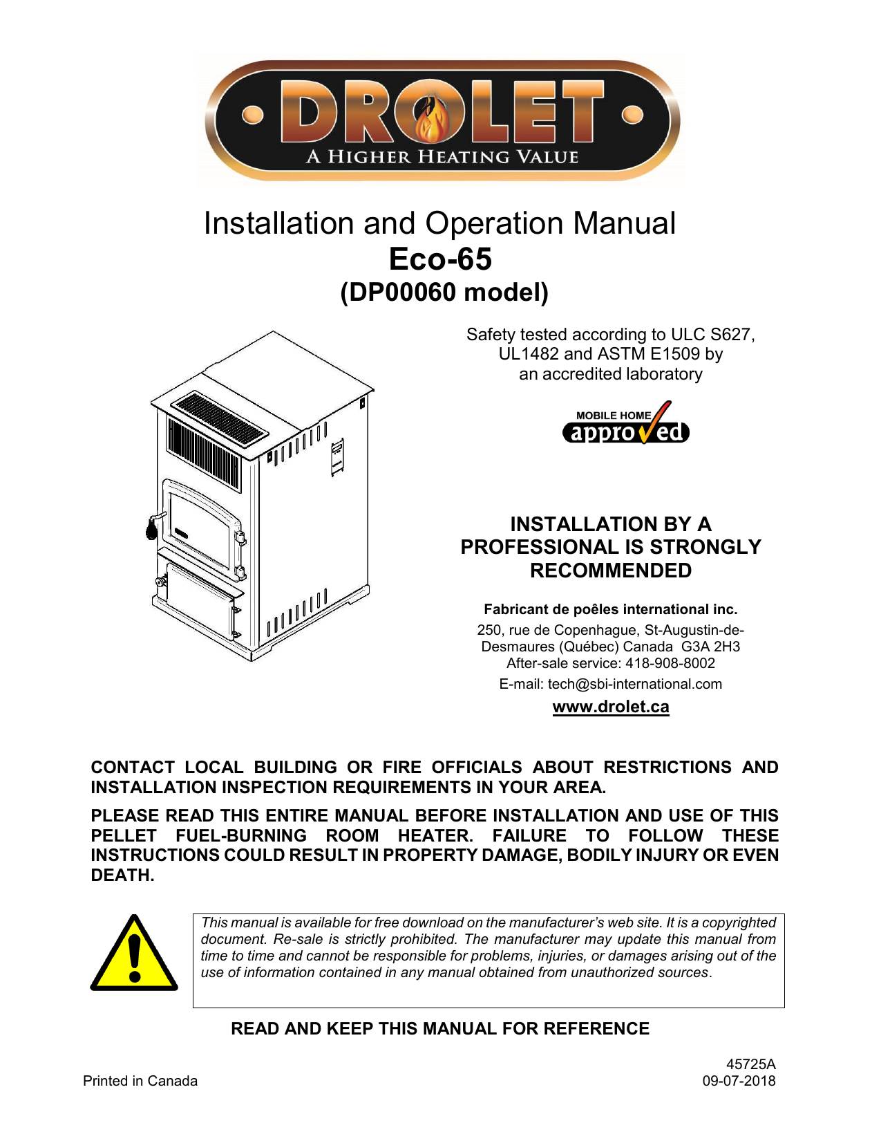 Drolet ECO-65 PELLET STOVE Owner's Manual | Manualzz
