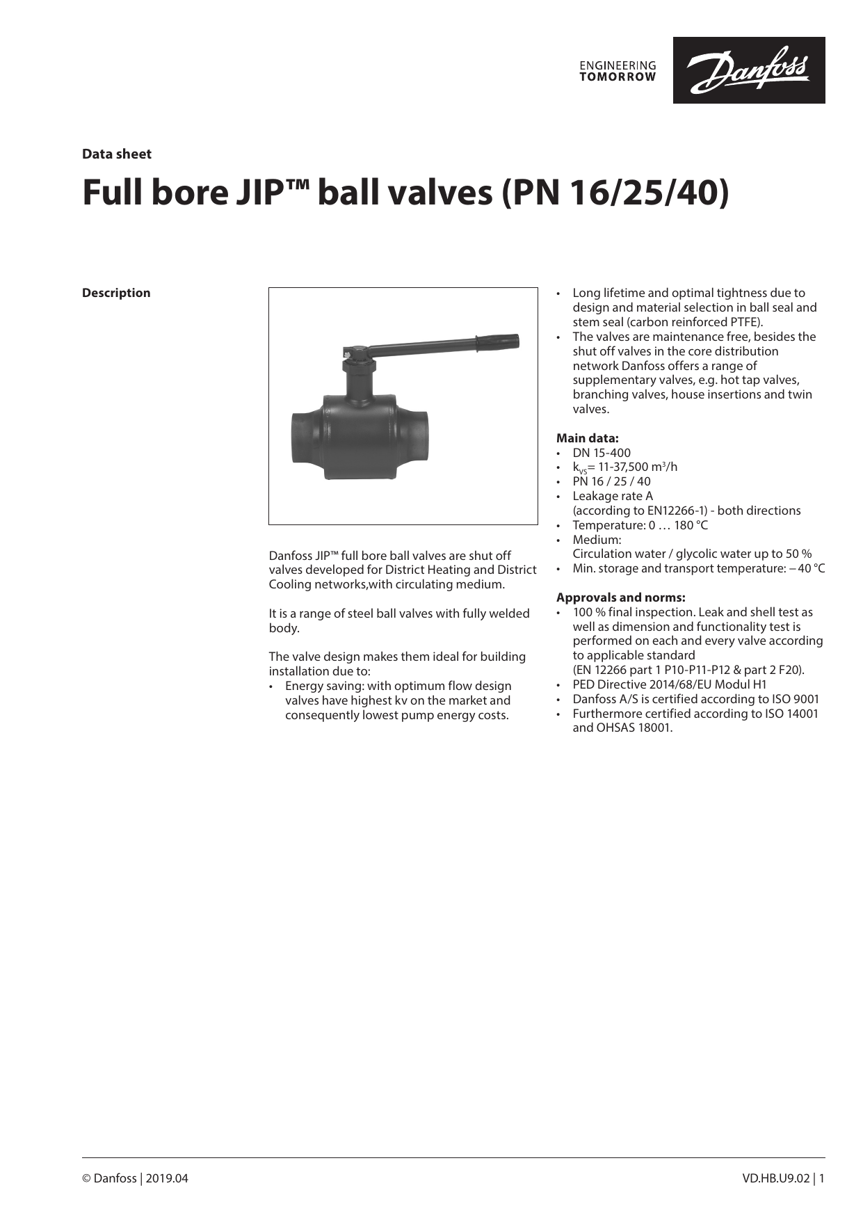 Danfoss Full bore JIP™ ball valves (PN 16/25/40) Datasheet | Manualzz