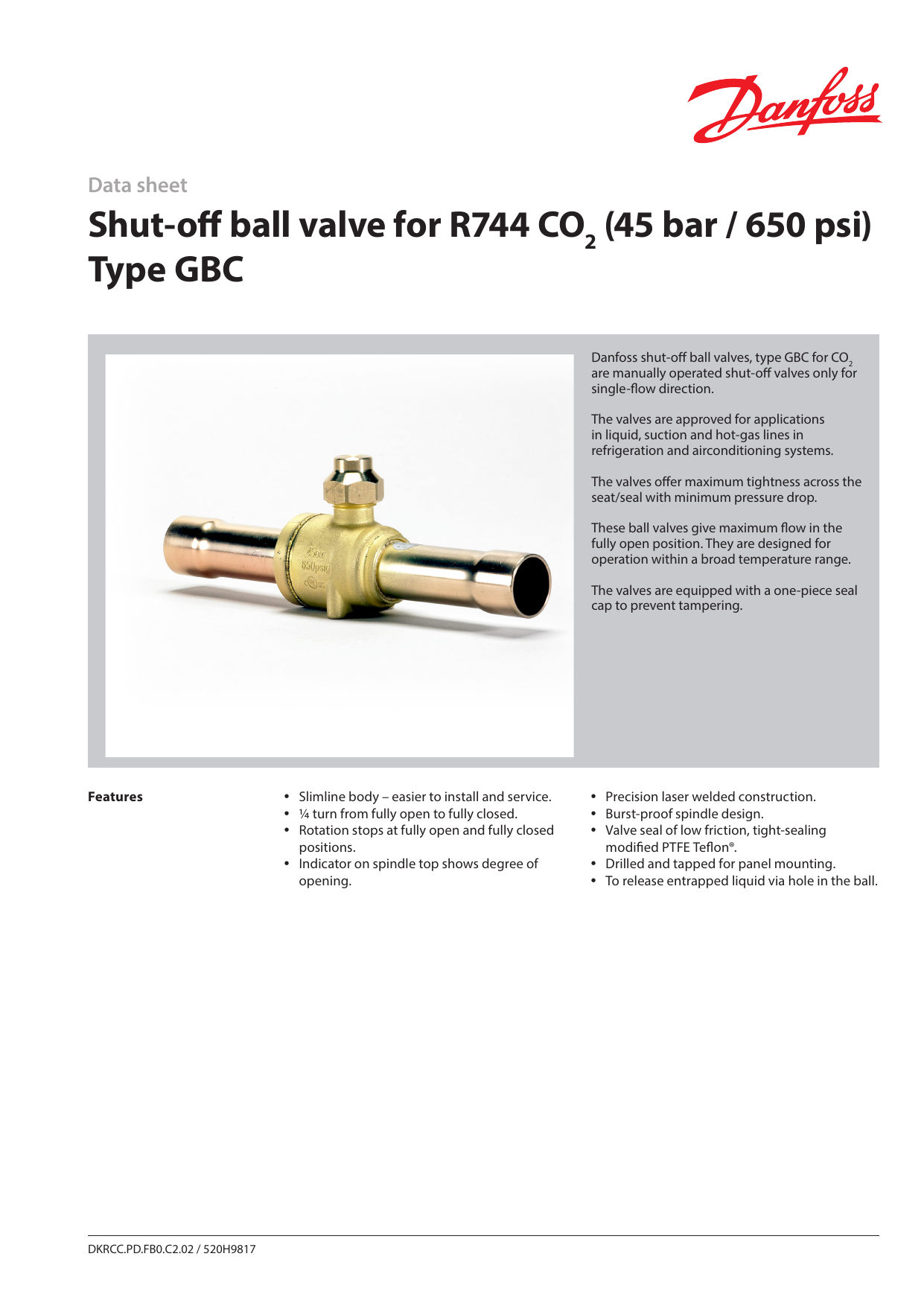 Danfoss Ball Valve Type Gbc For Co2 Datasheet Manualzz