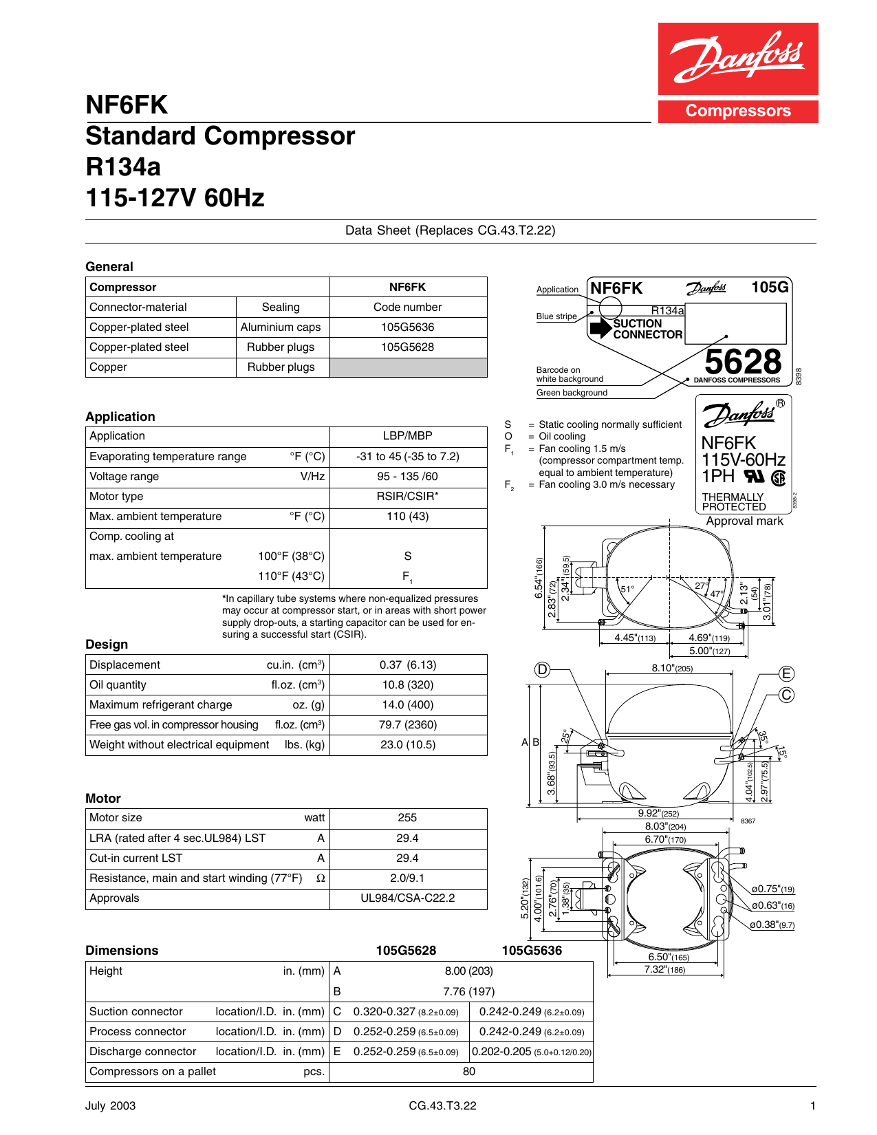 Danfoss NF6FK Standard Compressor R134a 115127V 60Hz Data Sheet Manualzz