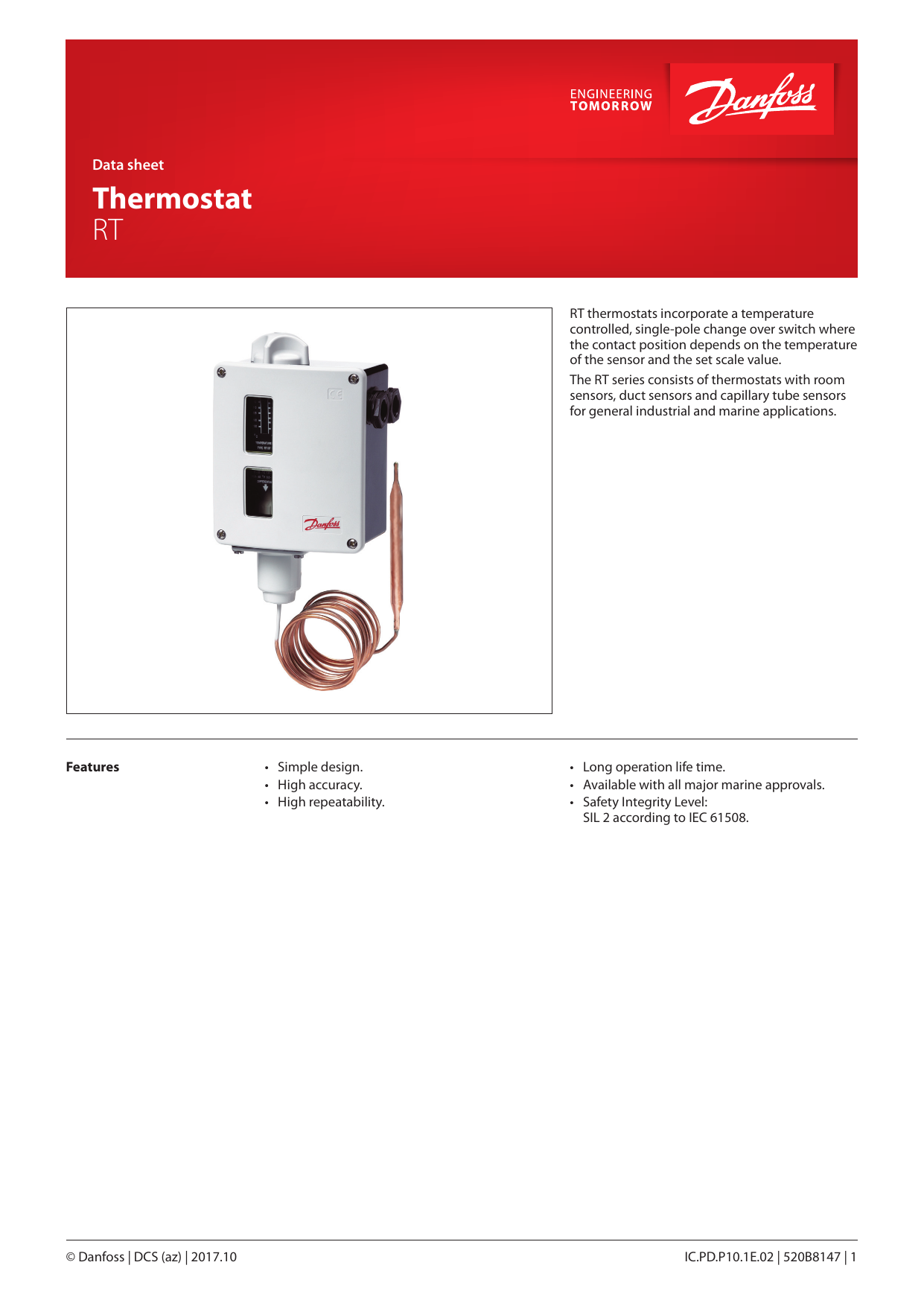 Danfoss Température Interrupteur Thermostatique RT107 5930-22-250-1558 Danfoss Température Interrupteur Thermostatique RT107 5930-22-250-1558