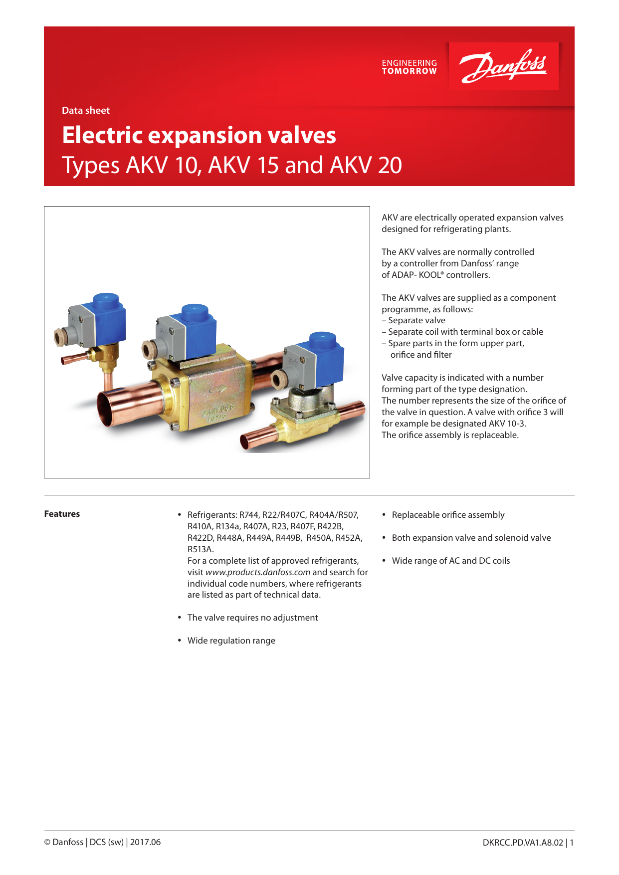Danfoss Electric Expansion Valve, types AKV 10, AKV 15 and AKV 20 Data