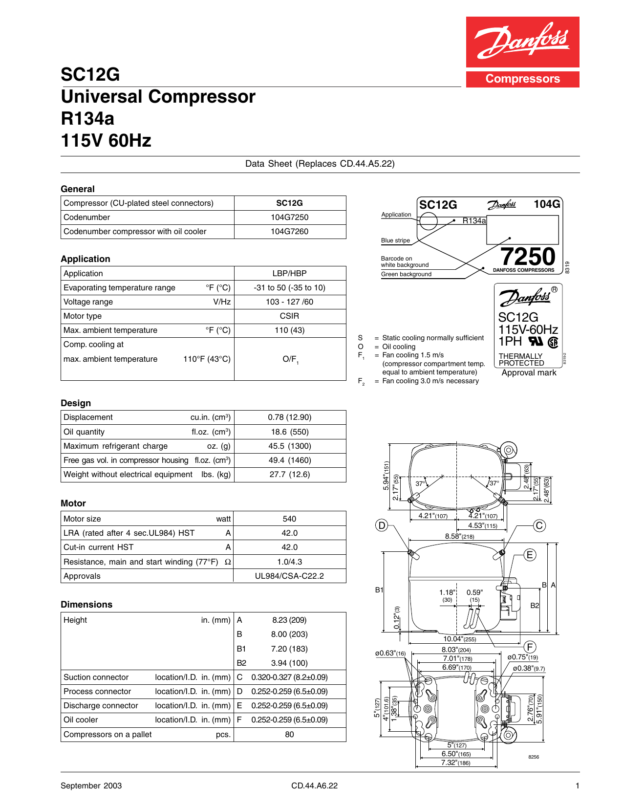 115V Compressor Secop SC12G 104G7250 identical as Danfoss R134a refrigeration 