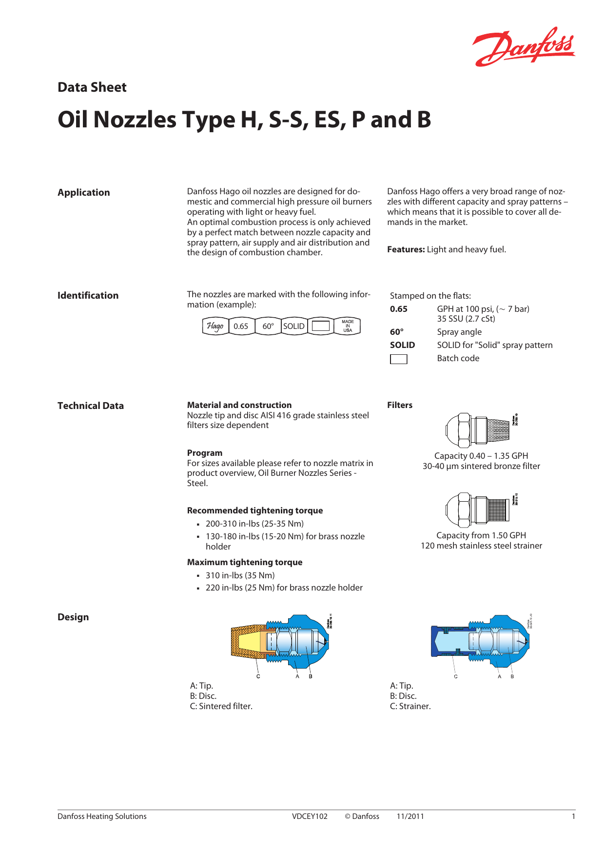 Danfoss Oil Nozzles Types H S S Es P And B Datasheet Manualzz