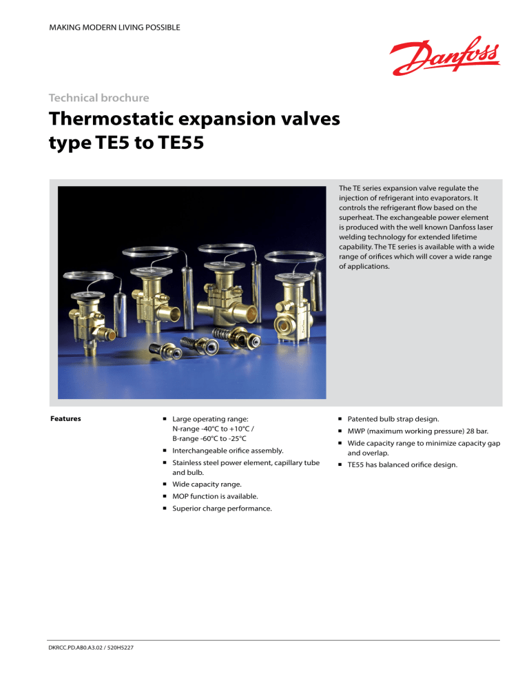 Danfoss Thermostatic expansion valves, type TE 5 TE 55 Datasheet