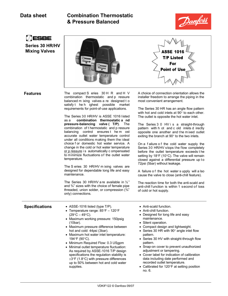 Danfoss ESBE Series 30 HR/HV Mixing Valves Combination Thermostatic