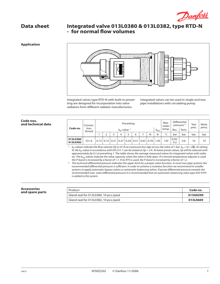 Danfoss Integrated valve 013L0380, type RTD-N Datasheet | Manualzz