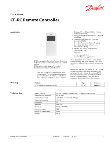 Danfoss CF-RC Remote Controller Data Sheet | Manualzz
