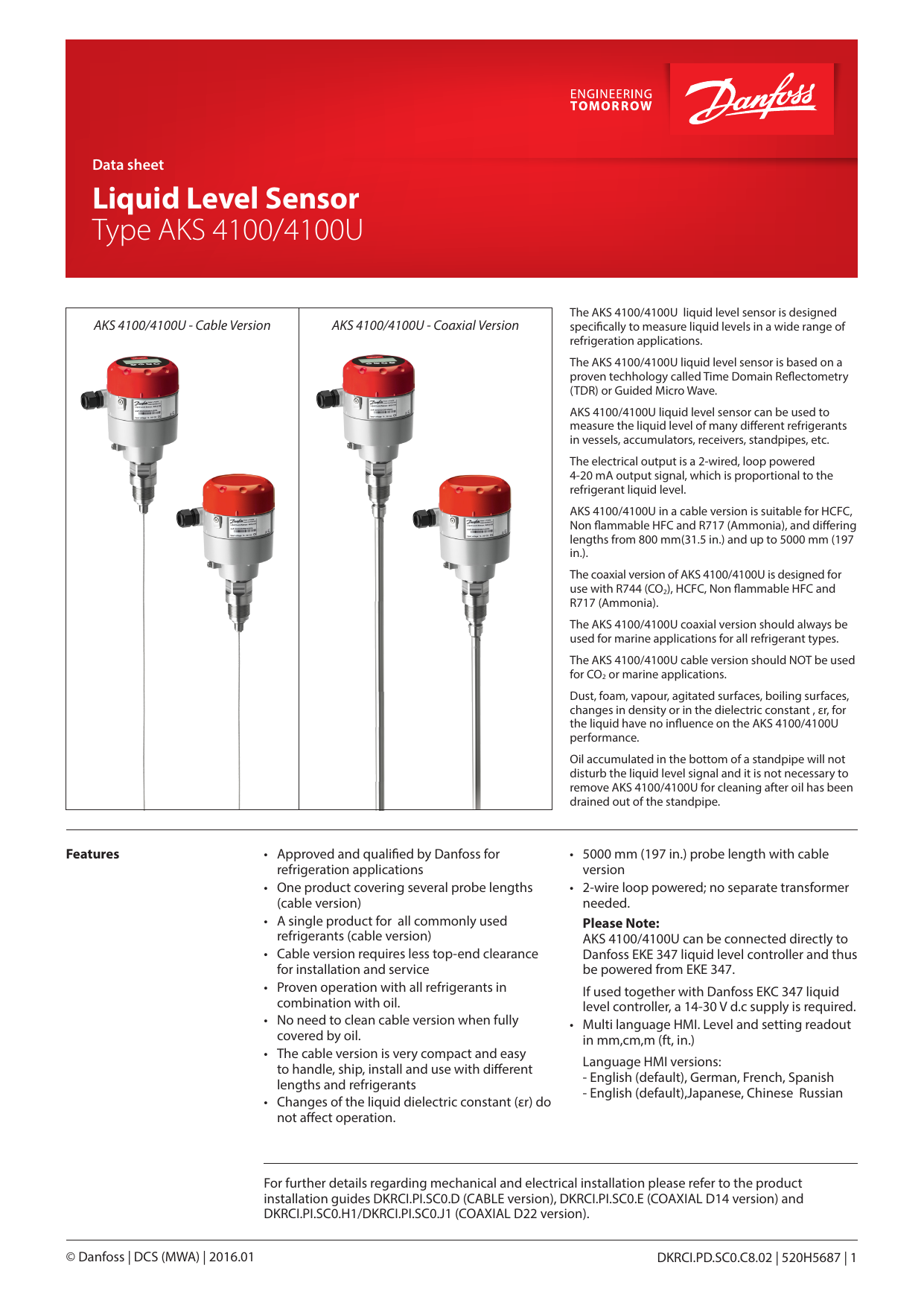 Danfoss Liquid Level Sensor, AKS 4100 and AKS 4100U Data Sheet Manualzz