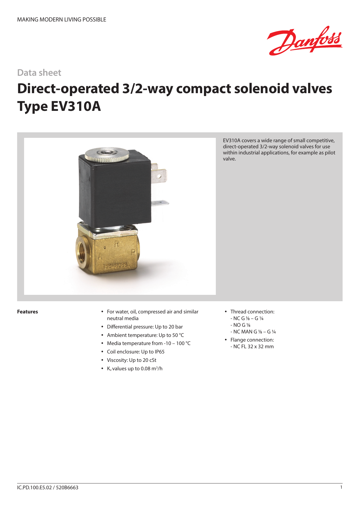 Danfoss Direct Operated 3 2 Way Compact Solenoid Valves Type Ev310a Datasheet Manualzz