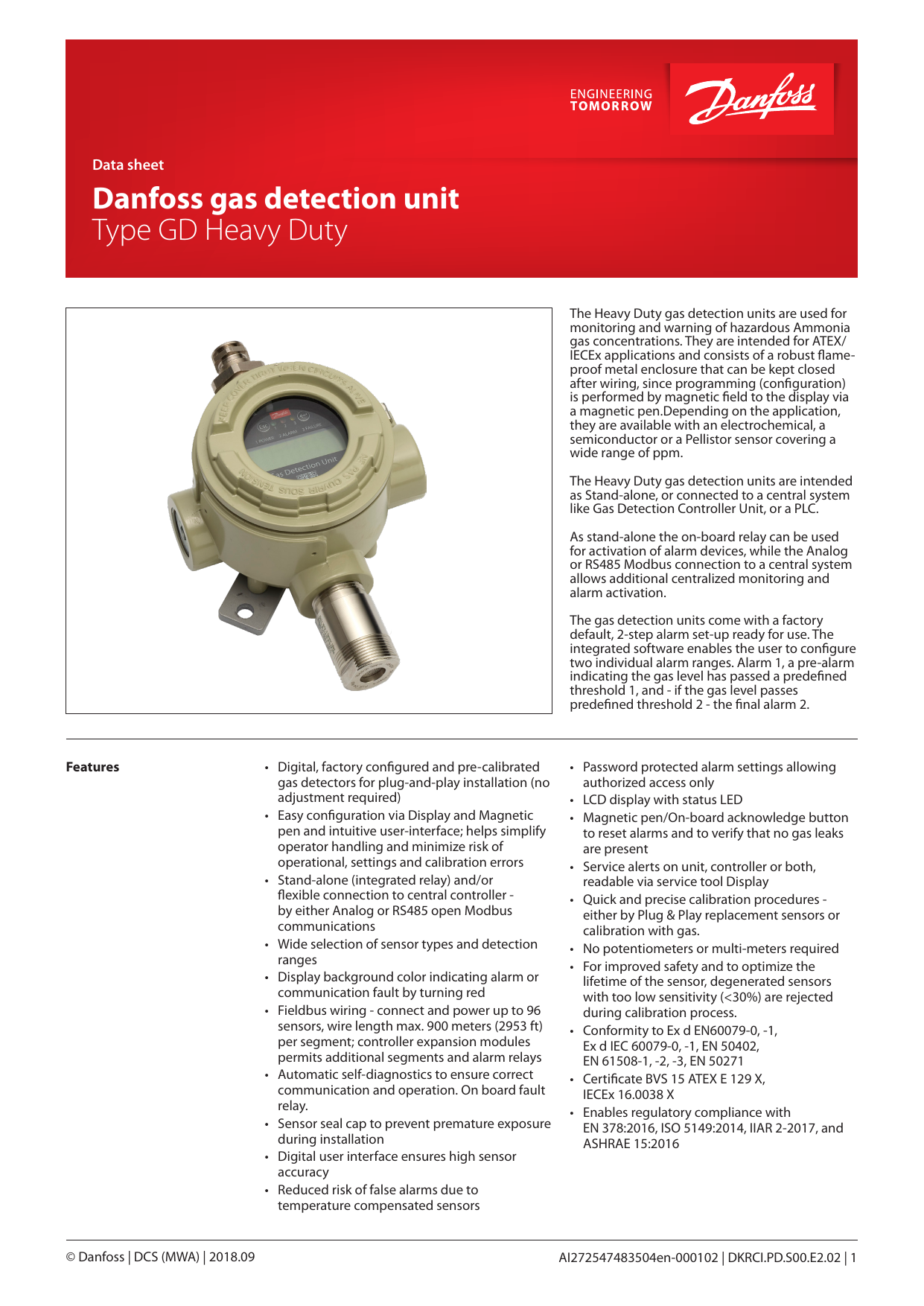Danfoss gas detection unit Type GD Heavy Duty Datasheet Manualzz