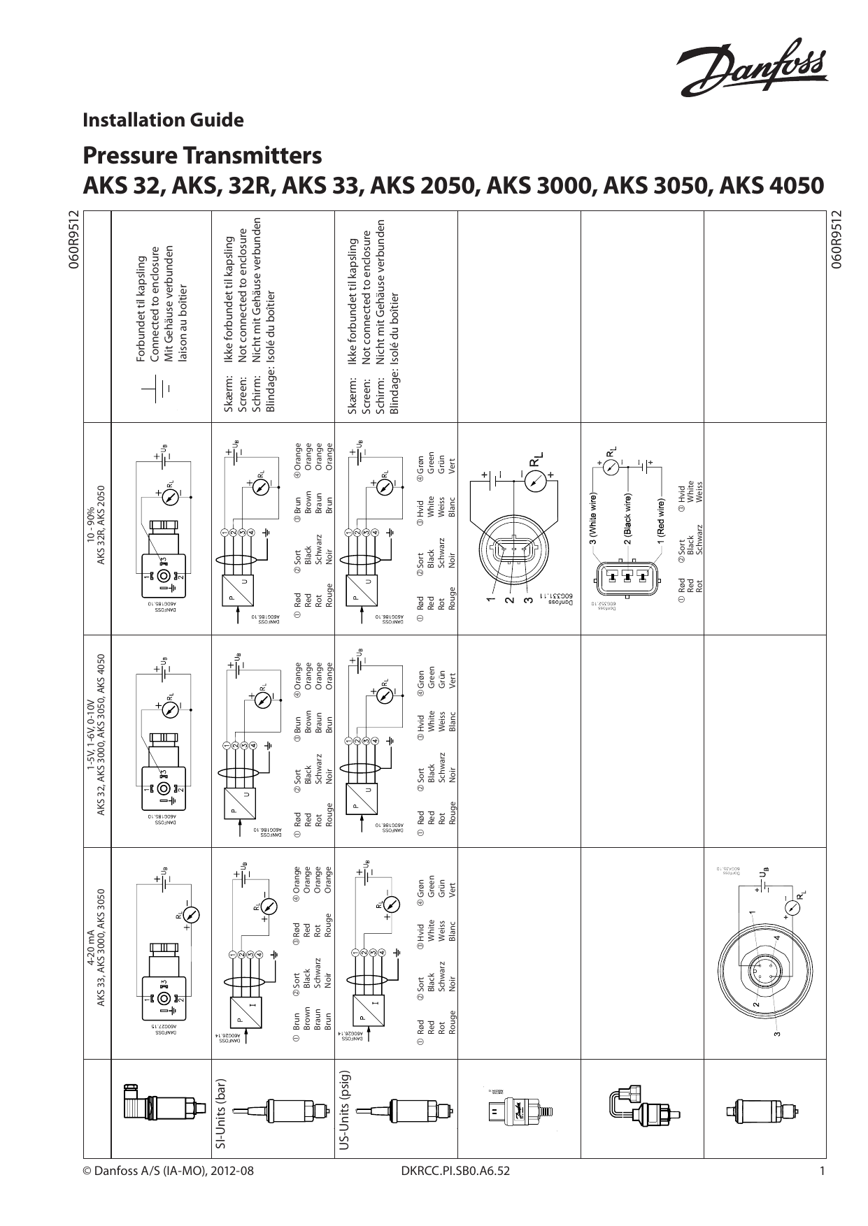 Danfoss Pressure Transmitters type AKS 32, AKS 32R, AKS 33, AKS 2050, AKS 3000, AKS 3050, AKS