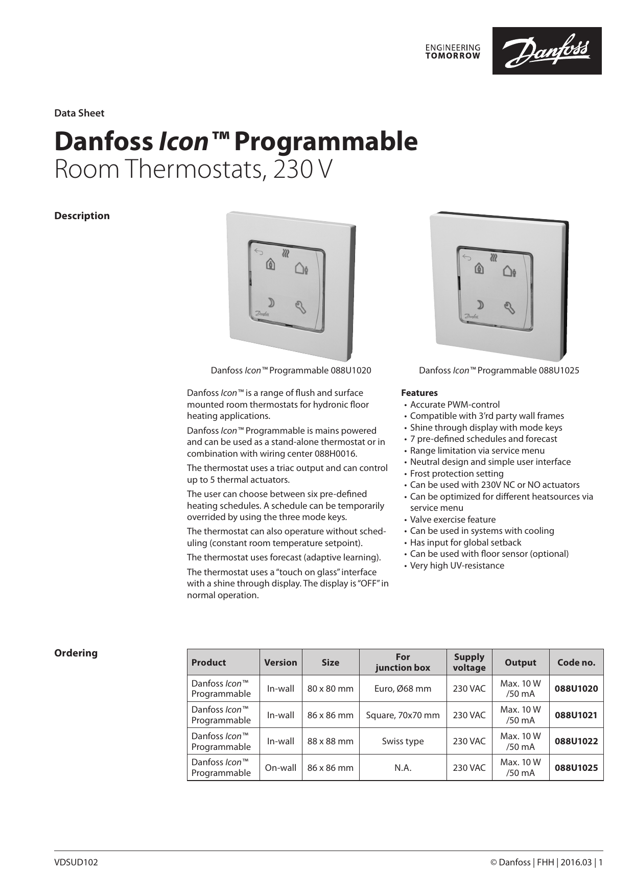 Danfoss Icon™ Programmable Room Thermostats, 230 V Datasheet Manualzz