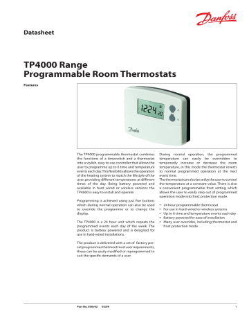 Danfoss TP4000 Programmable Room Thermostat Data Sheet | Manualzz