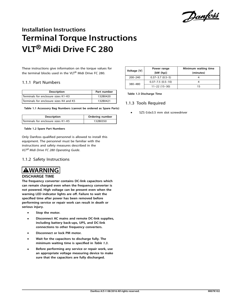 Danfoss Terminal Torque Installation guide Manualzz