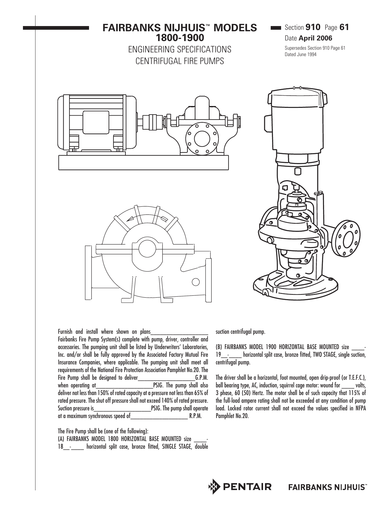 Fairbanks-nijhuis Specifications - 1800-1900 Centrifugal Fire Pumps  Specifications | Manualzz  Pentair 910 Controller Wiring Diagram    Manualzz