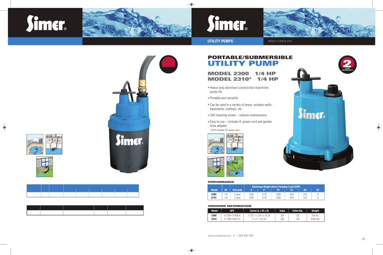 Simer 2300 & 2310 Utility Pump Specification Manualzz