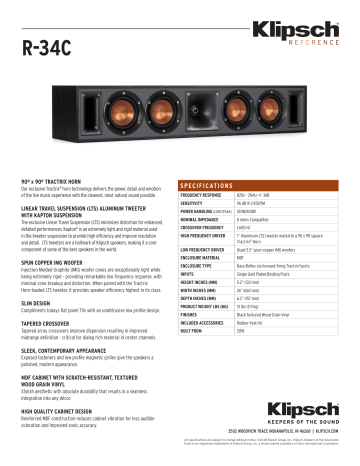 Klipsch R 34c Blk Gnm Spec Sheet Manualzz