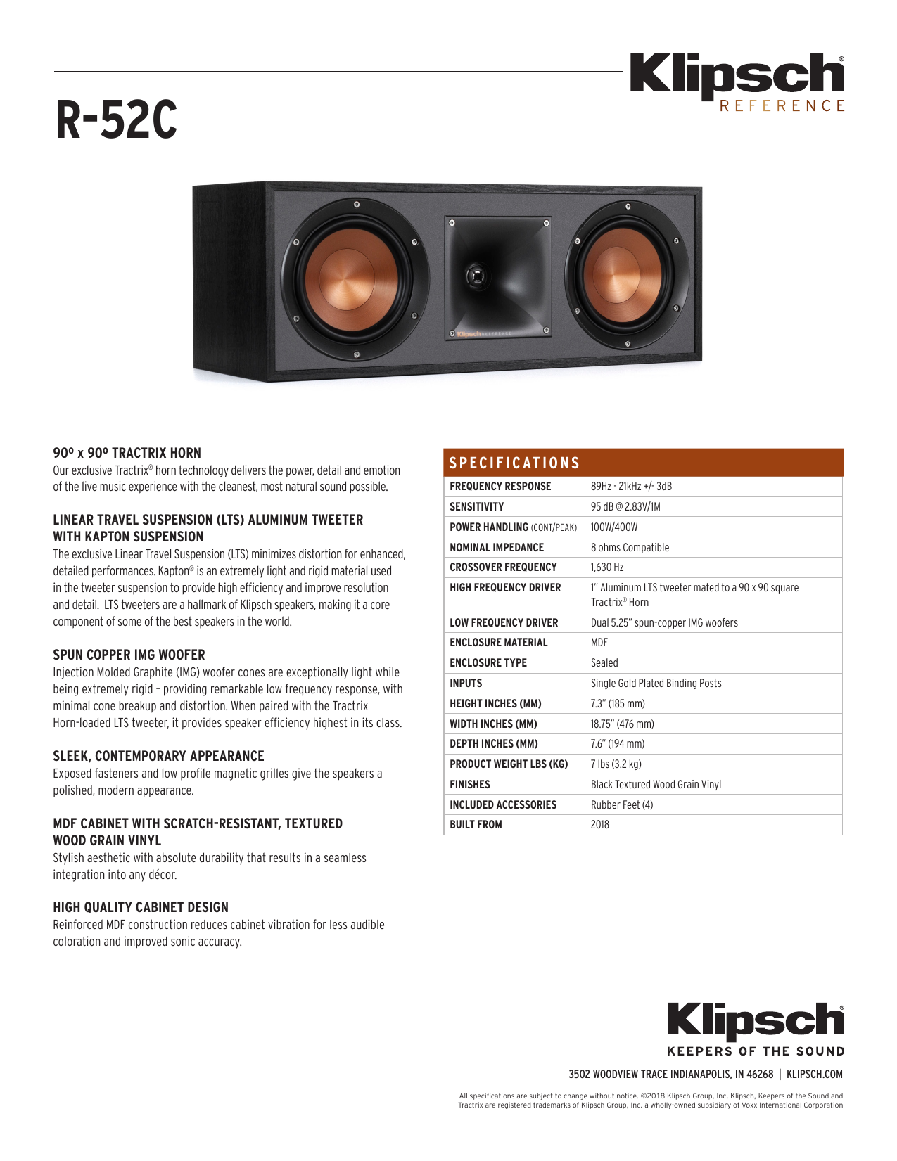 Klipsch R 52c Blk Gnm Specification Manualzz