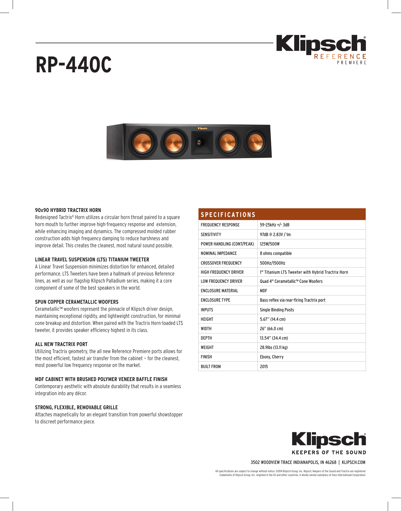 Klipsch Rp 450c Center Speaker Spec Sheet Manualzz