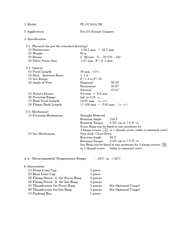 Basler Lens Ricoh Fl Cc1614 2m F1 4 F16mm 2 3 Datasheet Manualzz