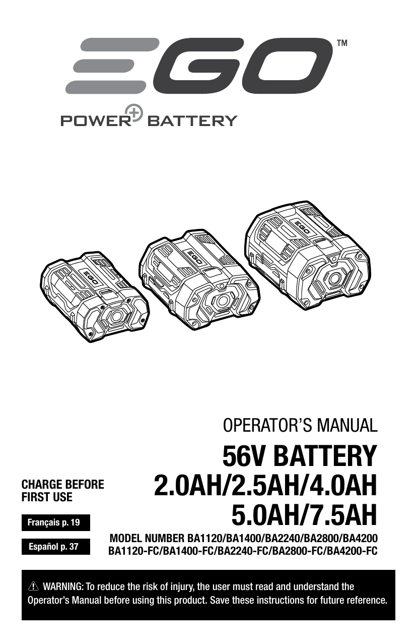Ego BA4200 Power+ 7.5 Amp Hour Battery Owner's Manual Manualzz