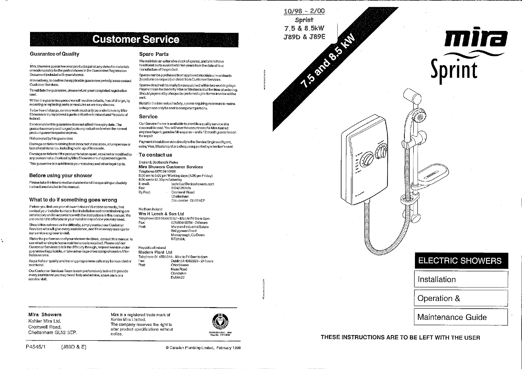 Mira Sprint Electric shower 8.5kW J89G (19982000) Installation & User