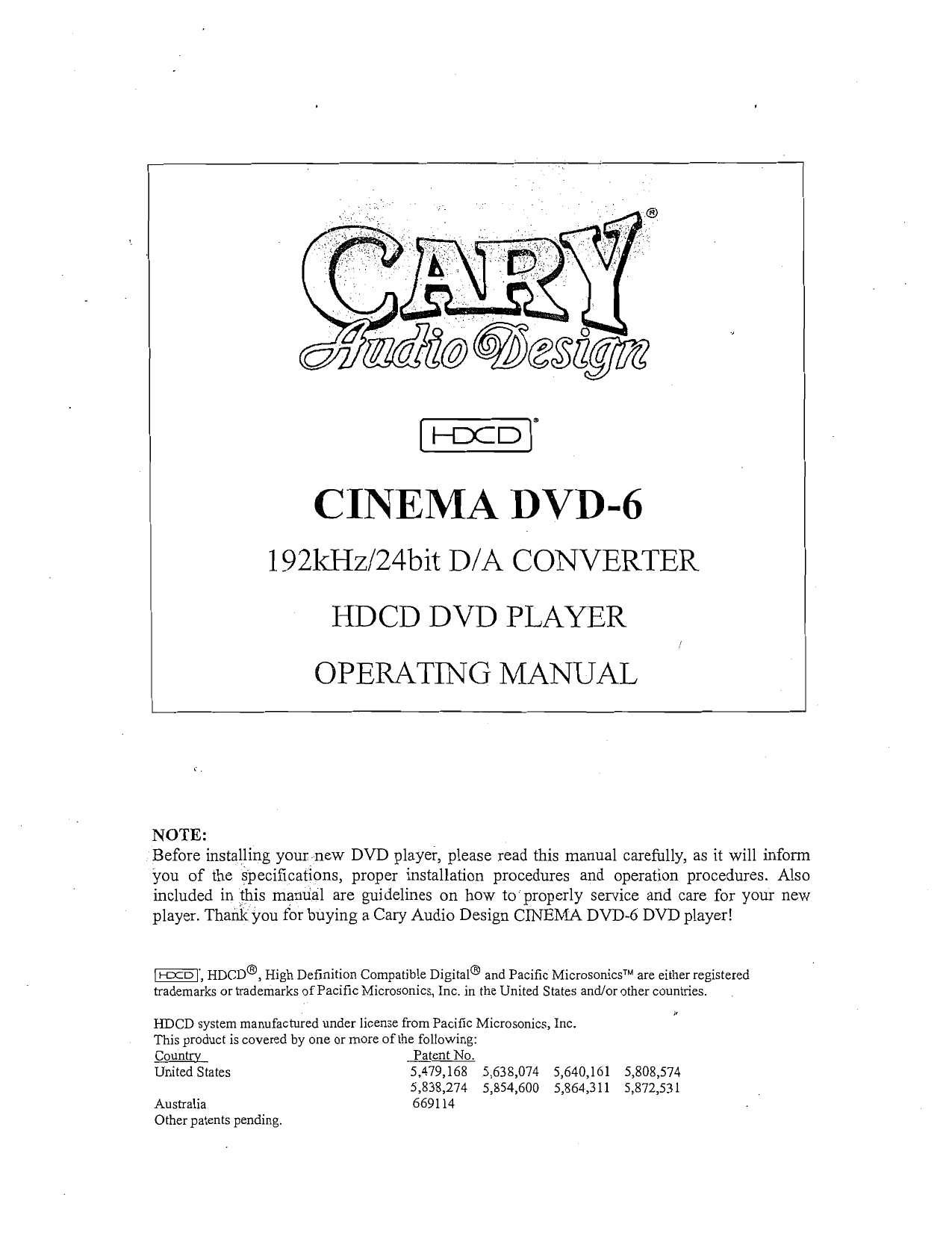 Cary Audio Design Cinema Dvd 6 Owner S Manual Manualzz