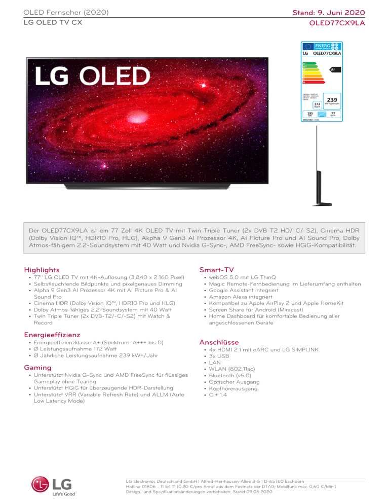 Lg Oled77cx9la Datasheet Manualzz