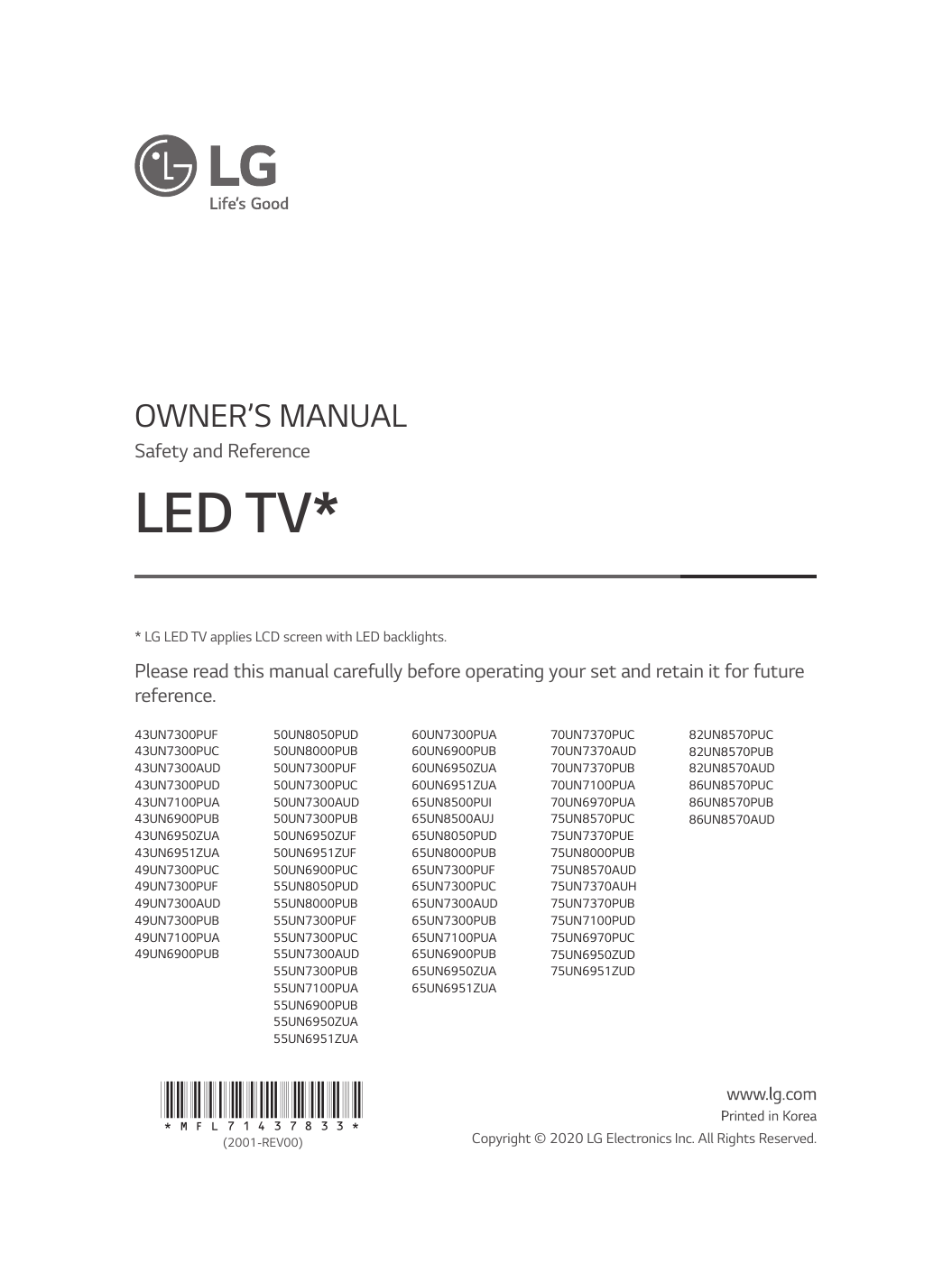 LG 49UN7300AUD, 50UN6951ZUF, 43UN7300PUD, 43UN7300AUD Owner's manual