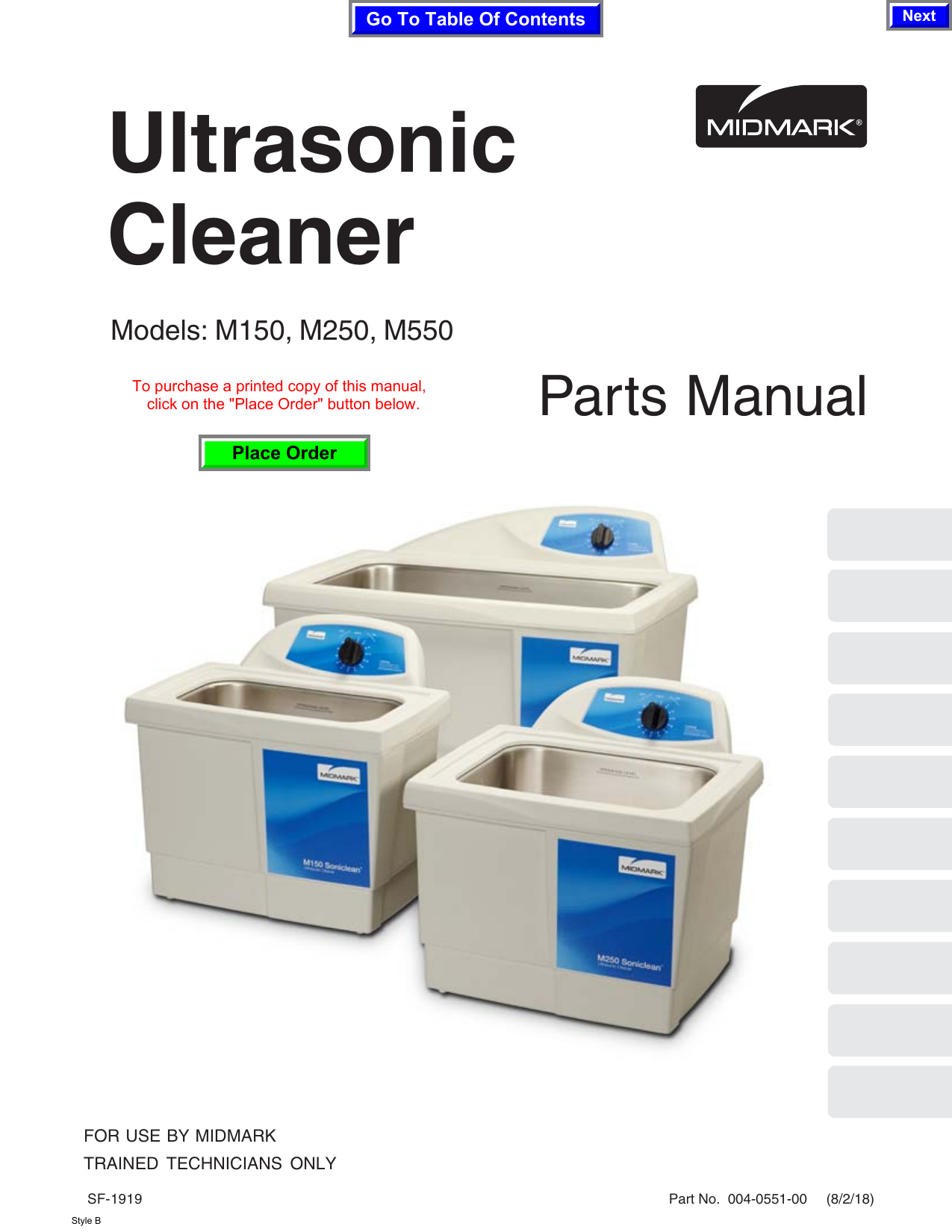 Midmark M150, M250, M550 Soniclean® Ultrasonic Cleaners User manual