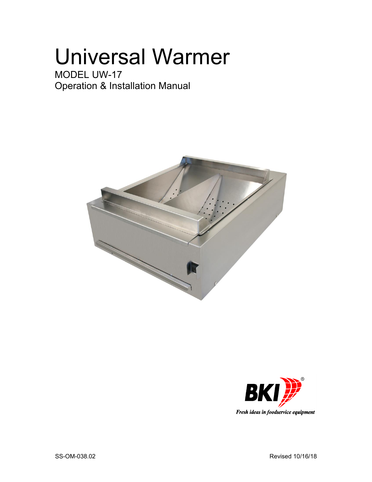 BKI UW17 Countertop Fried Food Warmer Manual Manualzz