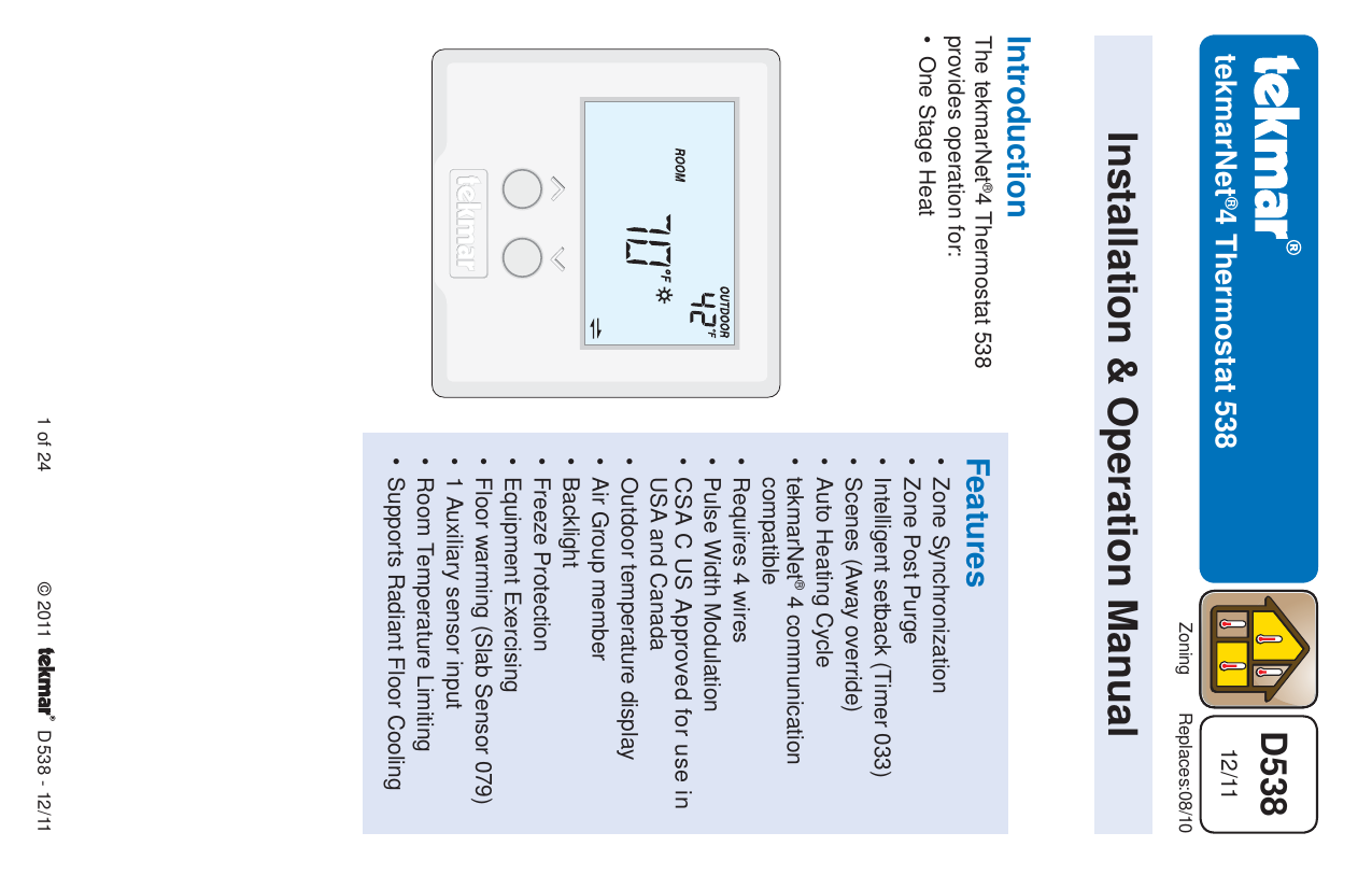 tekmar 4 Thermostat 538 User manual | Manualzz