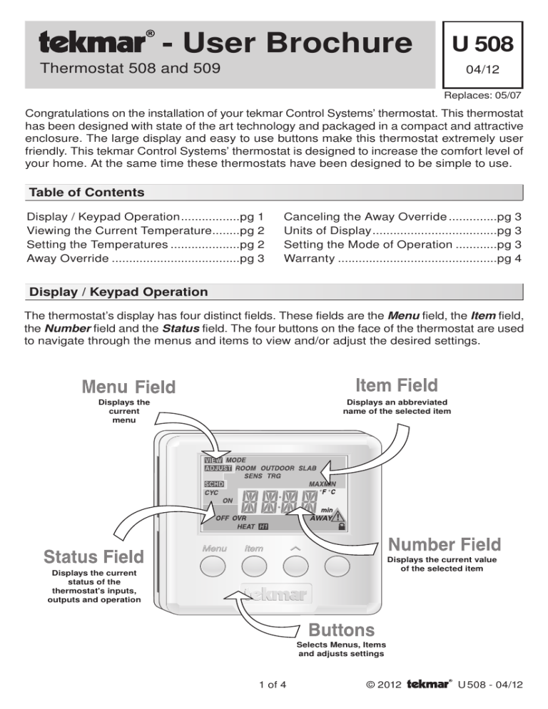 tekmar Thermostat 508 , 509 User manual | Manualzz