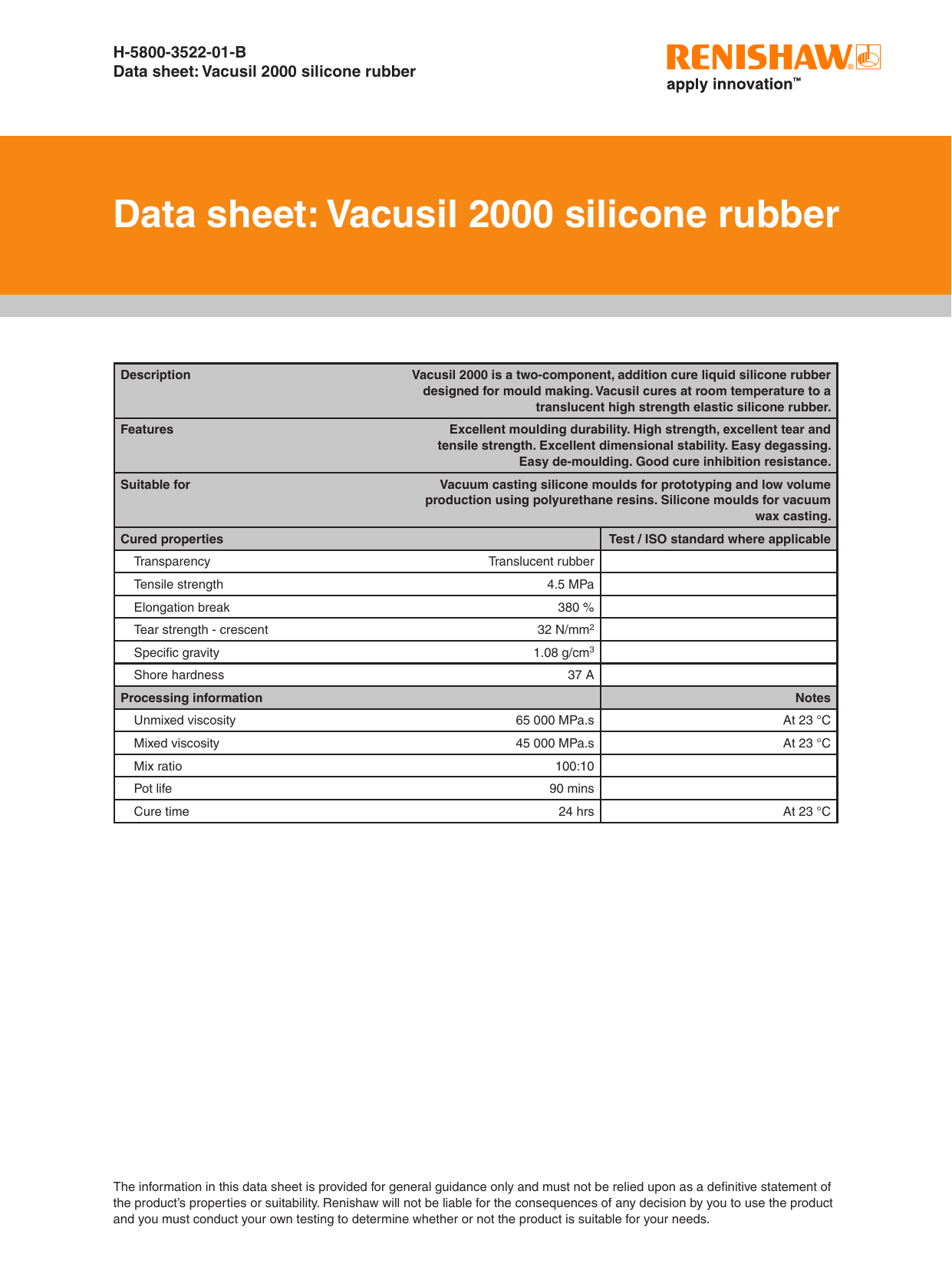 Renishaw Vacusil 2000 silicone rubber Data sheets Manualzz