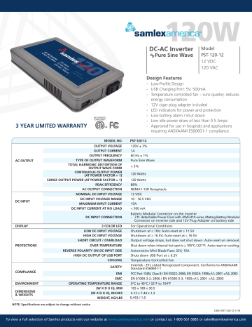 Samlexpower PST-120-12 120 Watt Pure Sine Wave Inverter Specification ...