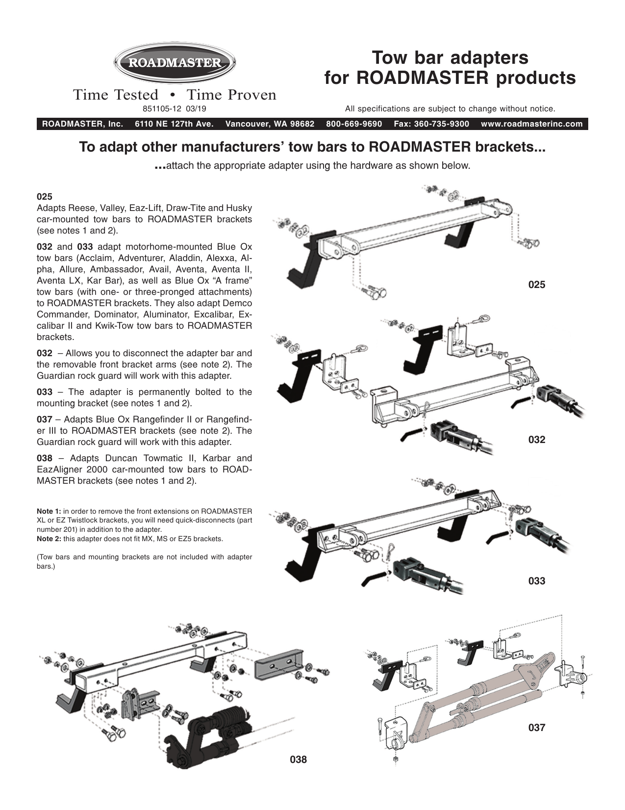 Roadmaster Tow bar adapters (parts 025, 032, 033, 037 and 038), Tow bar